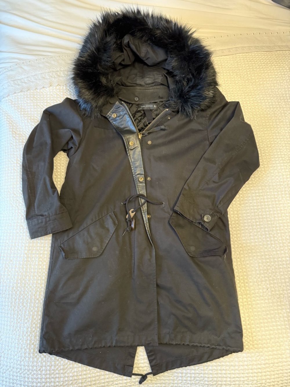 Zara Black Hooded Trench Coat with Faux-Fur Trim